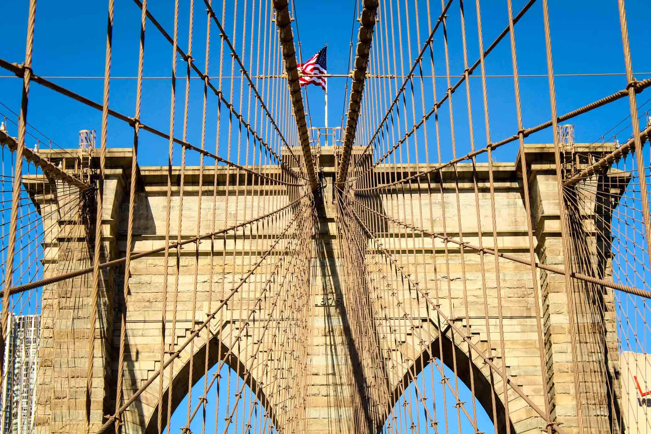 American flag on the Brooklyn Bridge New York City