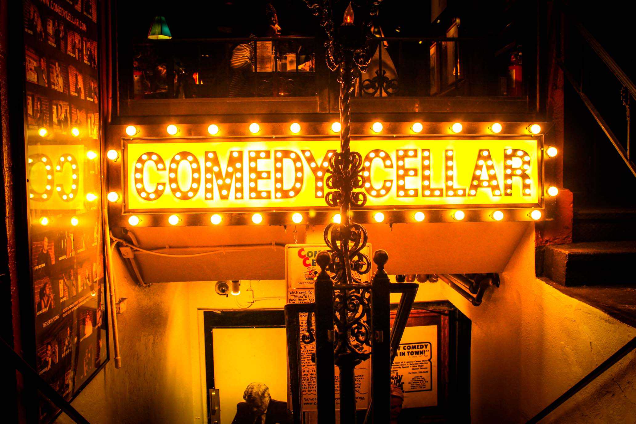 Night lights of the Comedy Cellar sign, Greenwich village New York City